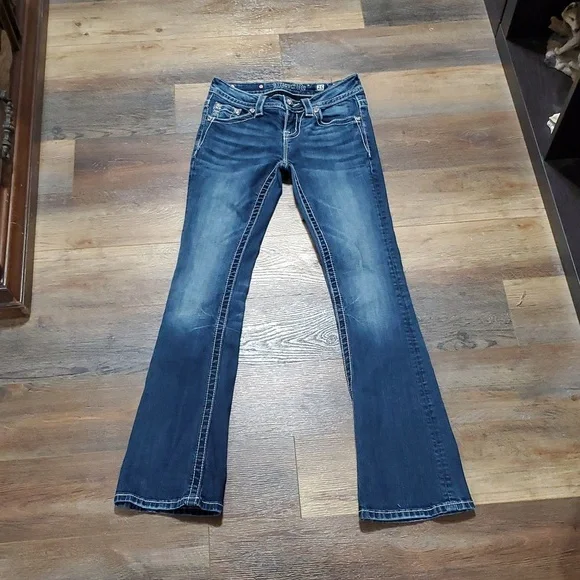 Miss Me Mid Rise Boot Cut Distressed Pocket Flap Embellished Jeans - Picture 1 of 10